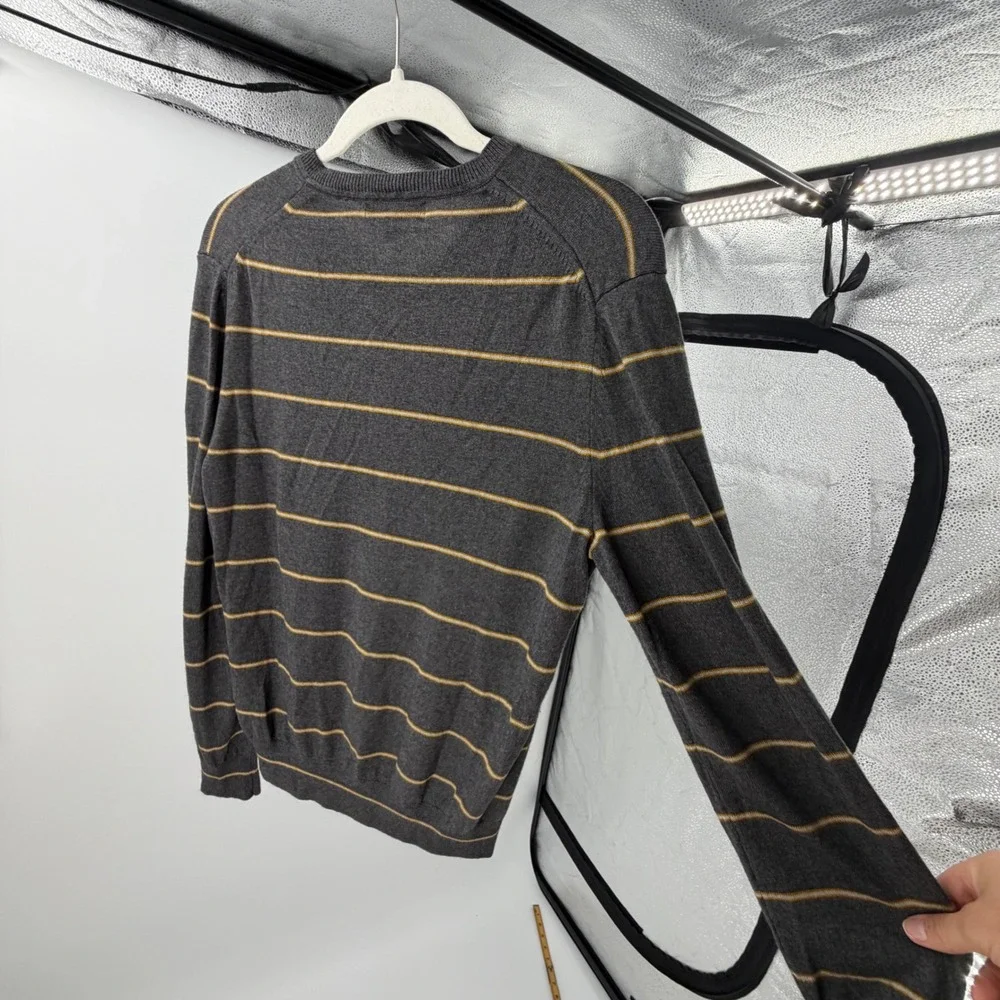 Banana Republic Mens Silk Cashmere V-Neck Striped Sweater Grey Yellow Small